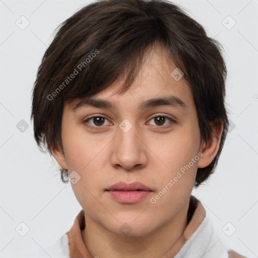 Neutral white young-adult female with medium  brown hair and brown eyes