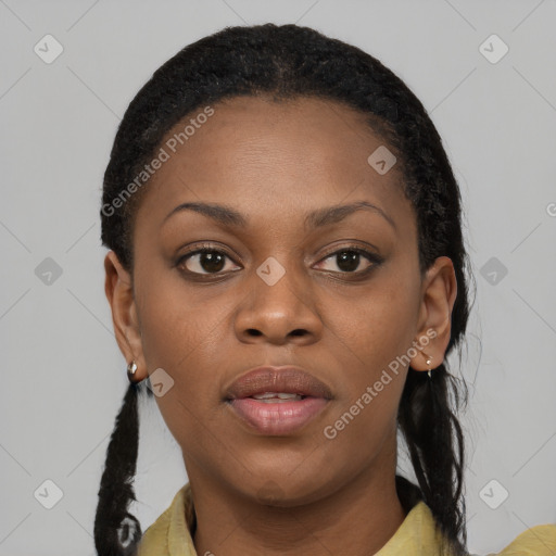 Neutral black young-adult female with short  brown hair and brown eyes