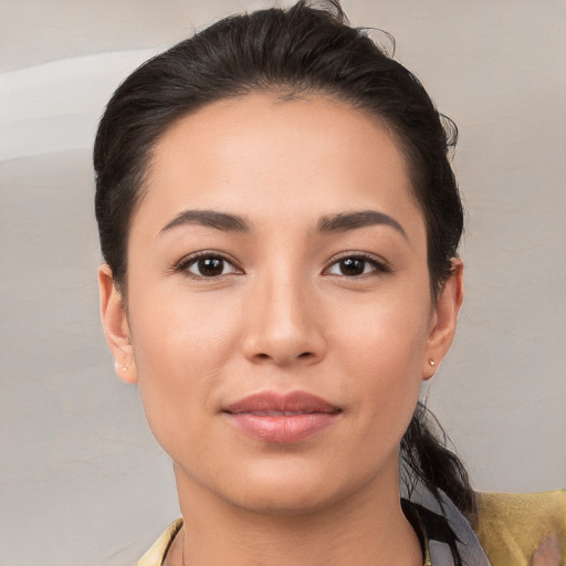 Neutral white young-adult female with medium  brown hair and brown eyes