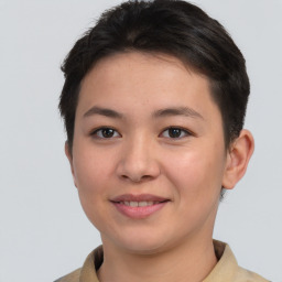 Joyful asian young-adult female with short  brown hair and brown eyes