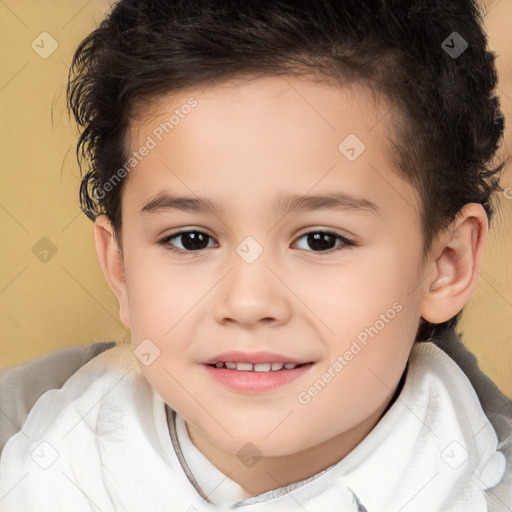 Joyful white child female with short  brown hair and brown eyes