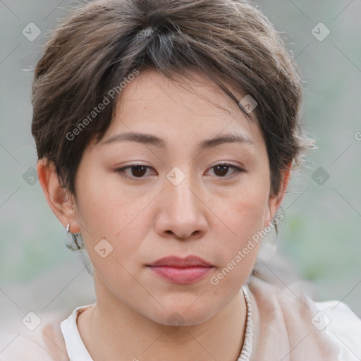 Neutral white young-adult female with medium  brown hair and brown eyes