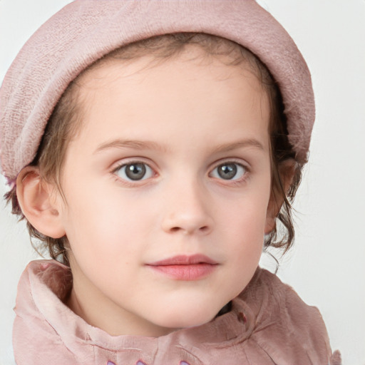 Neutral white child female with medium  brown hair and blue eyes