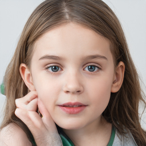 Neutral white child female with long  brown hair and blue eyes