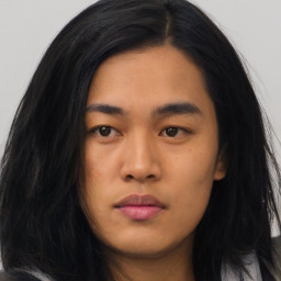 Neutral asian young-adult female with long  black hair and brown eyes