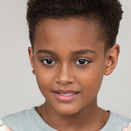 Joyful black child female with short  brown hair and brown eyes