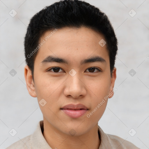 Joyful asian young-adult male with short  black hair and brown eyes