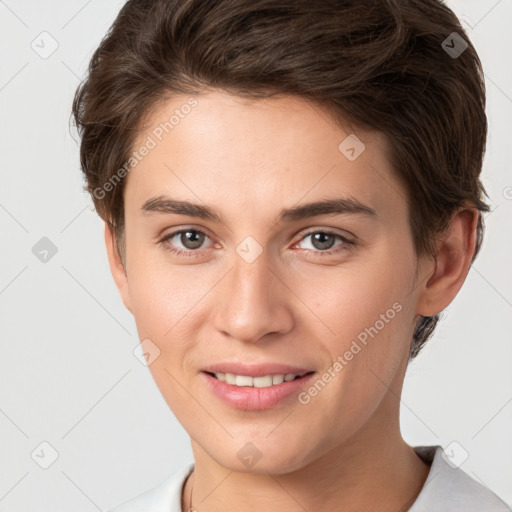 Joyful white young-adult female with short  brown hair and brown eyes