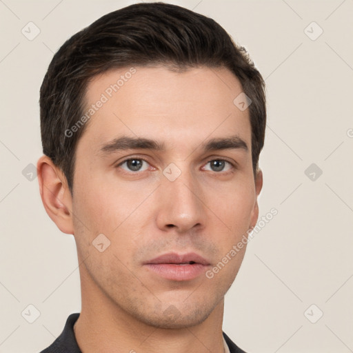 Neutral white young-adult male with short  brown hair and brown eyes