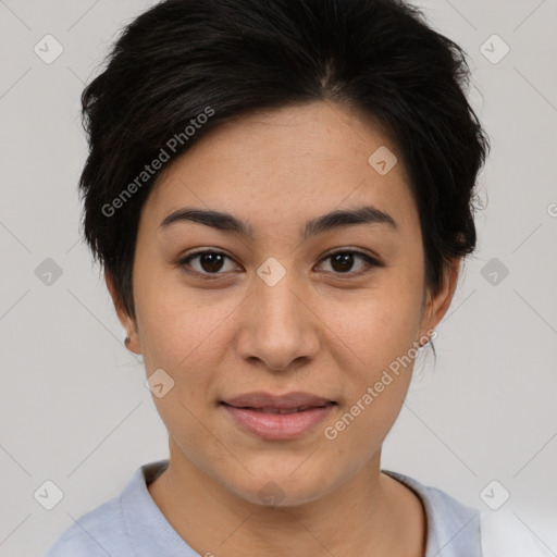 Joyful asian young-adult female with short  brown hair and brown eyes