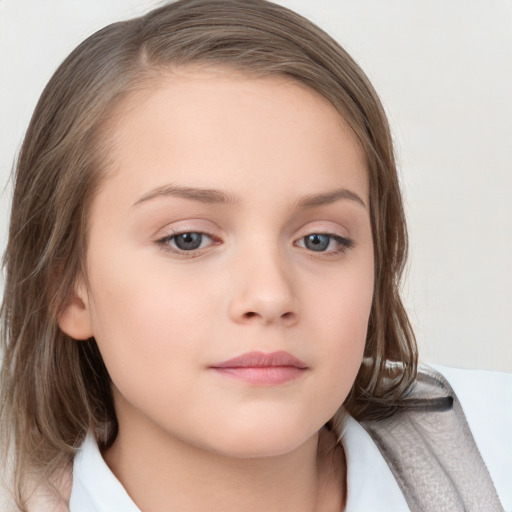 Neutral white child female with medium  brown hair and grey eyes