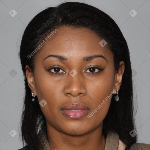 Joyful black young-adult female with medium  brown hair and brown eyes