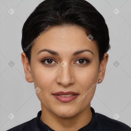 Joyful latino young-adult female with short  brown hair and brown eyes