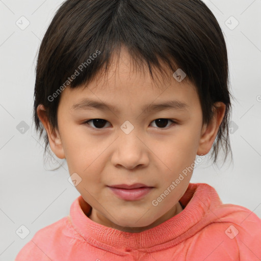 Joyful white child female with short  brown hair and brown eyes