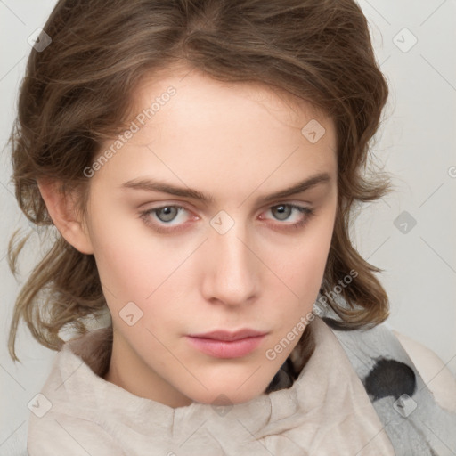 Neutral white young-adult female with medium  brown hair and blue eyes