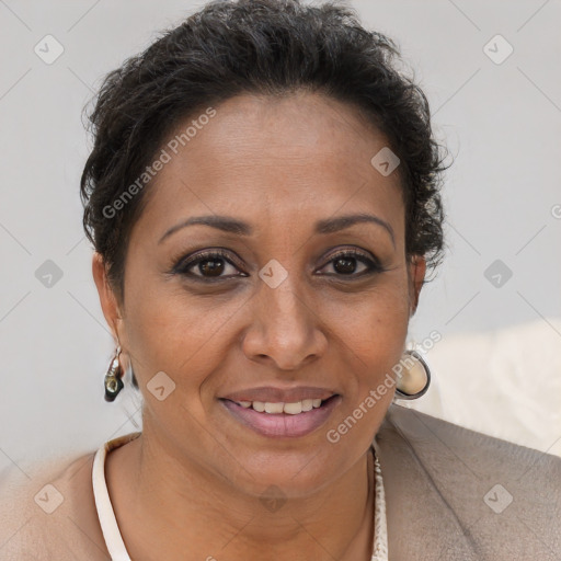 Joyful black adult female with short  brown hair and brown eyes