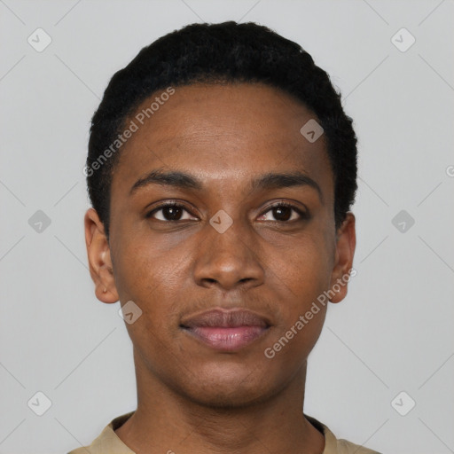 Neutral black young-adult male with short  black hair and brown eyes