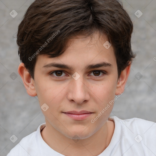 Joyful white child male with short  brown hair and brown eyes