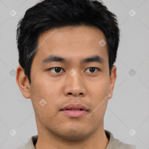 Neutral asian young-adult male with short  black hair and brown eyes