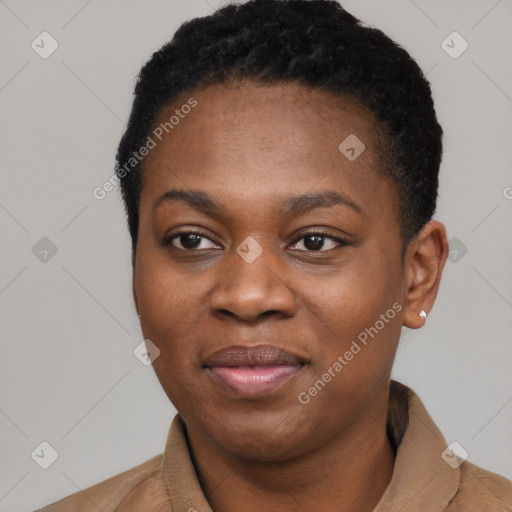 Joyful black young-adult female with short  black hair and brown eyes