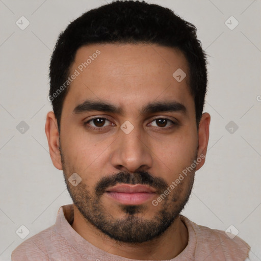 Neutral latino young-adult male with short  black hair and brown eyes