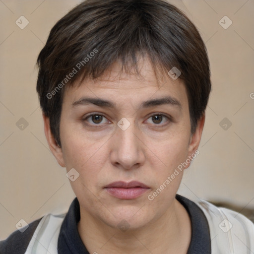 Neutral white young-adult female with short  brown hair and brown eyes