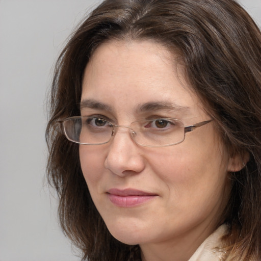 Joyful white adult female with medium  brown hair and brown eyes