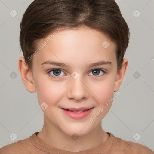 Joyful white child female with short  brown hair and brown eyes