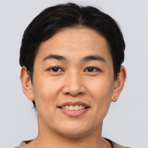 Joyful asian adult male with short  brown hair and brown eyes