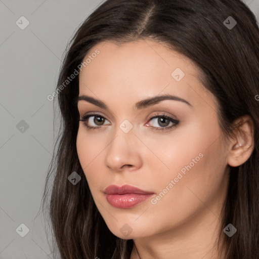 Neutral white young-adult female with long  brown hair and brown eyes