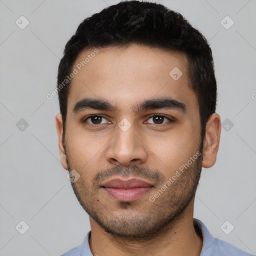 Neutral latino young-adult male with short  black hair and brown eyes