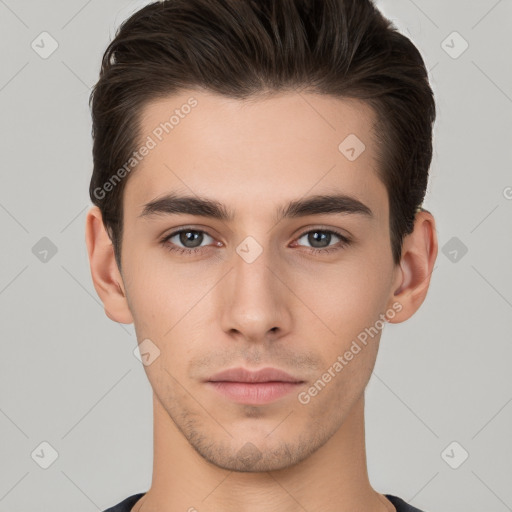 Neutral white young-adult male with short  brown hair and brown eyes