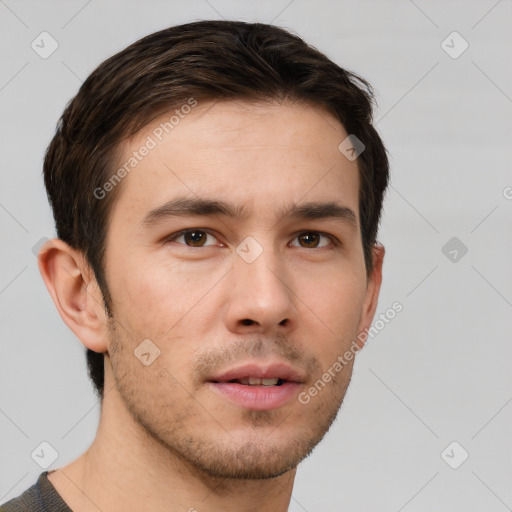 Neutral white young-adult male with short  brown hair and grey eyes