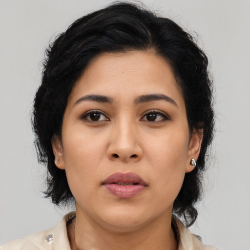 Neutral asian young-adult female with medium  black hair and brown eyes