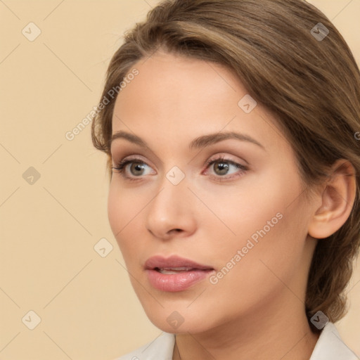 Neutral white young-adult female with medium  brown hair and brown eyes