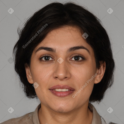 Joyful white young-adult female with medium  brown hair and brown eyes