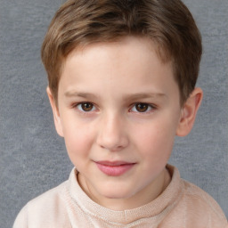 Joyful white child female with short  brown hair and brown eyes