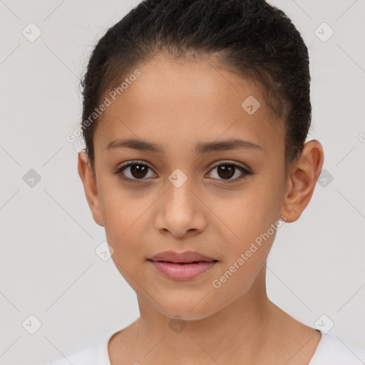 Joyful white child female with short  brown hair and brown eyes