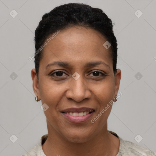 Joyful latino young-adult female with short  black hair and brown eyes