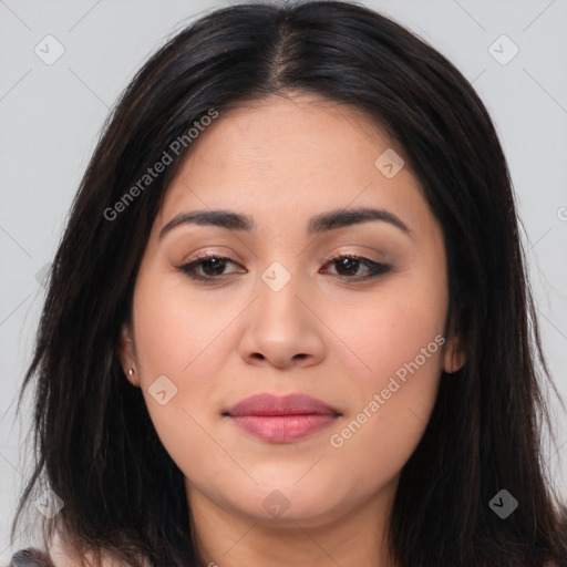 Joyful asian young-adult female with long  brown hair and brown eyes