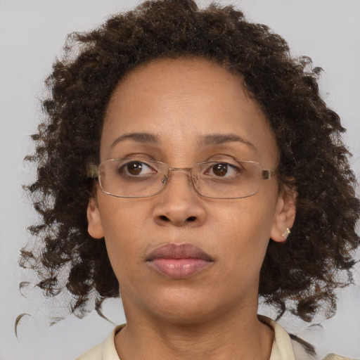 Neutral black adult female with medium  brown hair and brown eyes