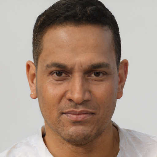 Neutral black adult male with short  brown hair and brown eyes