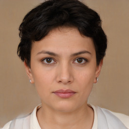 Neutral white young-adult female with short  brown hair and brown eyes