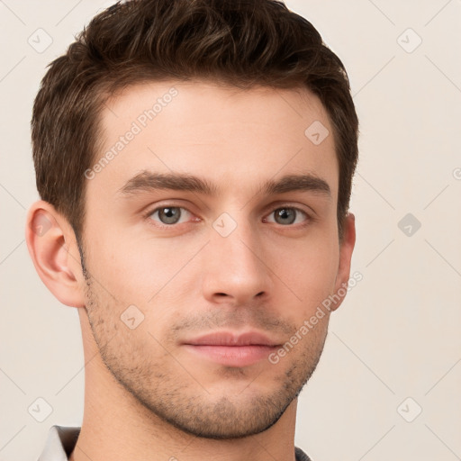 Neutral white young-adult male with short  brown hair and brown eyes