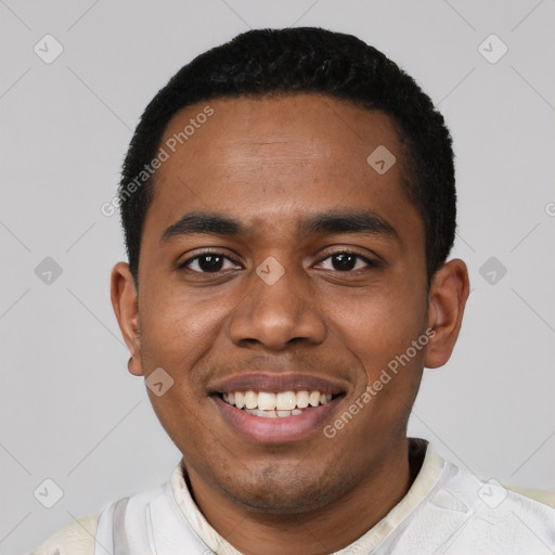 Joyful black young-adult male with short  black hair and brown eyes