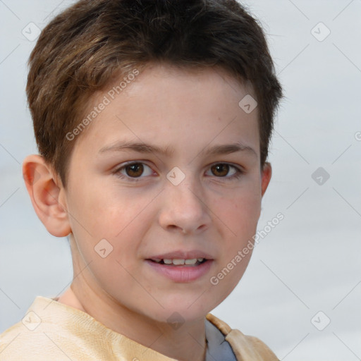 Joyful white child male with short  brown hair and brown eyes