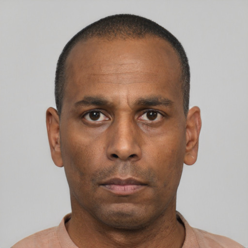 Neutral black adult male with short  black hair and brown eyes