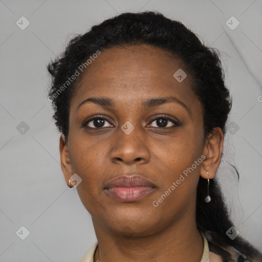 Neutral black adult female with short  brown hair and brown eyes