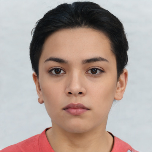 Neutral asian young-adult female with short  black hair and brown eyes