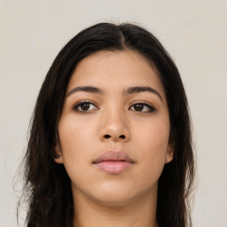 Neutral asian young-adult female with long  brown hair and brown eyes